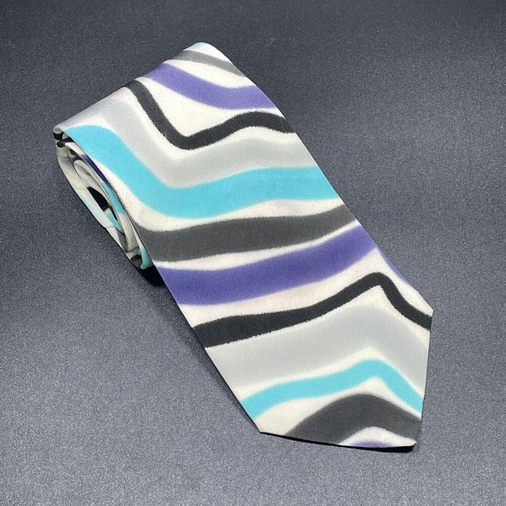 VTG Marienbad Abstract Wavy Necktie Blue Purple Black Designer 3.5” Post Modern